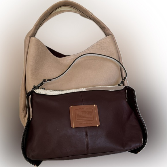 Coach Tan Nude Shoulder Bag with Burgundy Red Snap In Mini Wristlet Bag … - Picture 1 of 16